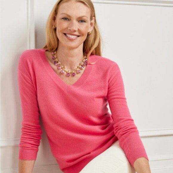 Talbots 100% Cashmere V-Neck Pullover Sweater Coral Pink Women’s Size Medium - Picture 1 of 4